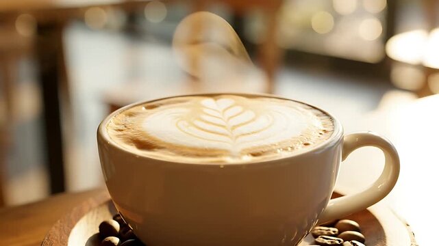 Steaming hot delicious latte coffee cup with beautiful foam art pattern perfect for a cozy relaxing morning in a sunlit cafe Fresh roasted coffee beans