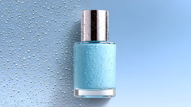 Close-up product shot of a light blue nail polish bottle, covered in realistic water condensation, with a silver cap, placed against a gradient blue background, conveying cool, fresh, and glossy color