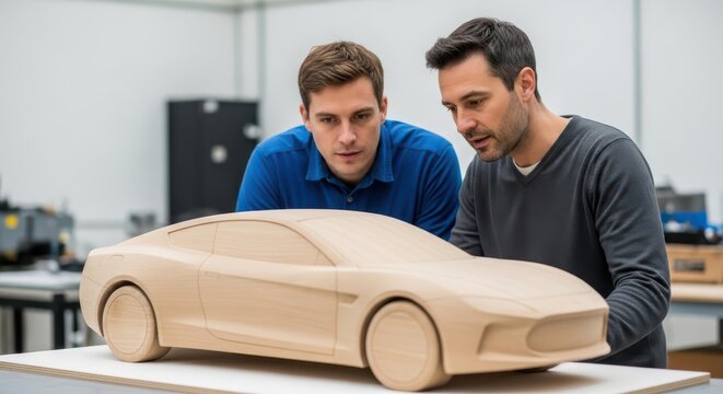 Two men are testing a prototype of a wooden car model in a design studio. Engineers are testing a car model
