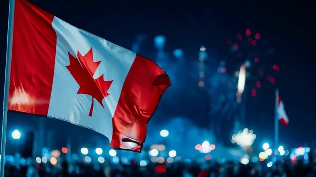 Canadian flag with fireworks and crowd. Canada Day celebration. National holiday background. Patriotism concept.