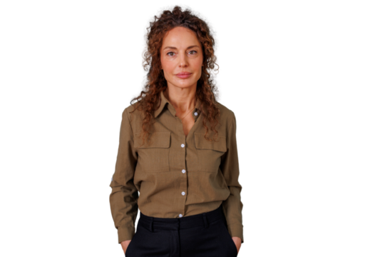 Confident mature woman standing, showing professionalism and expertise, looking at the camera with a determined expression, transparent background