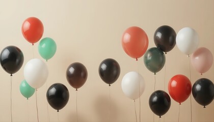 A cluster of glossy red, green, black, and white balloons floating against a soft beige background, creating a simple yet striking festive arrangement