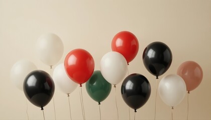 A cluster of glossy red, green, black, and white balloons floating against a soft beige background, creating a simple yet striking festive arrangement