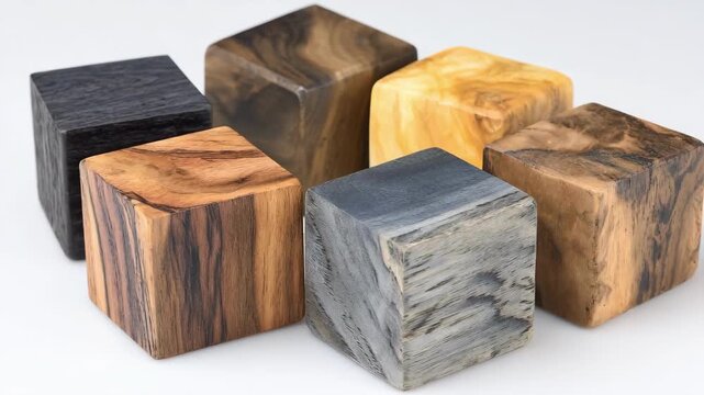 Medium shot of various wooden pieces treated with ecofriendly wood stains featuring soy walnut hull and beetbased colorants emphasizing sustainability and safety.