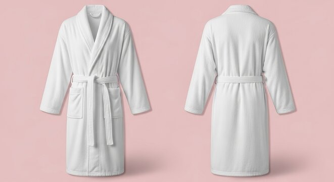 Two white terry cloth bathrobes displayed front and back on a pink background