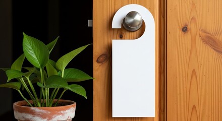 Blank white door hanger on a wooden door next to a potted plant