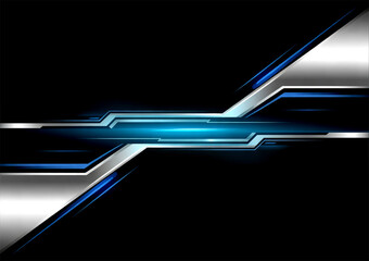 Abstract digital design with a black background, silver and blue geometric shapes.