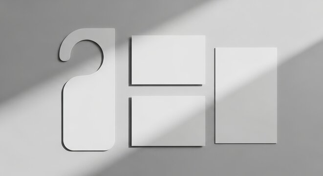 Blank white door hanger and square cards on a gray background with shadows