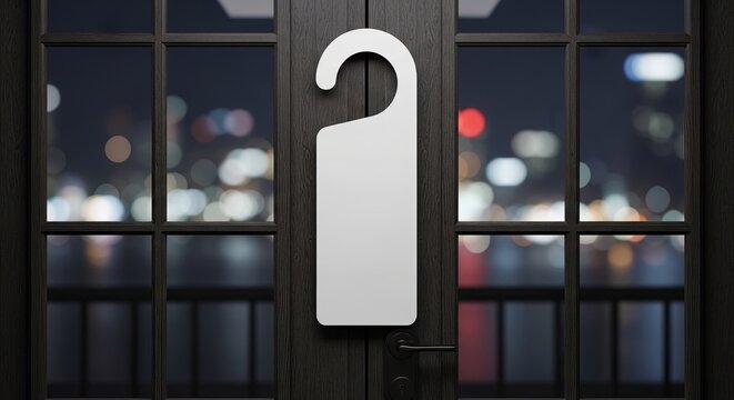 Blank white door hanger on a dark wooden door with blurred city lights at night