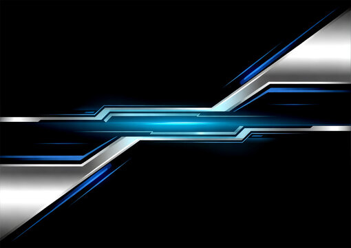 Abstract digital design with a black background, silver and blue geometric shapes.