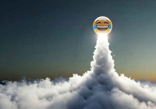 Tears of Joy Emoji Rocket Launching into Dark Sky. Generative Ai