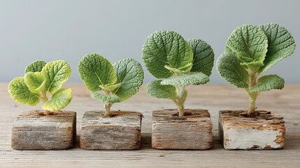 Four-stage green seedling axis: clear growth progression symbolizing development—70% white copy-space for e-commerce garden hero, ESG report cover, social eco post, edu slide