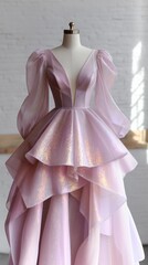 Close-up of a dramatic pink ball gown with iridescent puff sleeves, glitter, and layered ruffles. Concept of fantasy and fairytale.