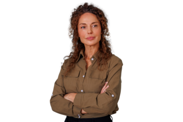 Mature woman with curly hair looking away, crossing arms, confident and thoughtful with a transparent background