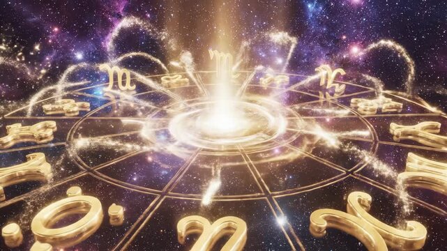 Zodiac wheel depiction with celestial background