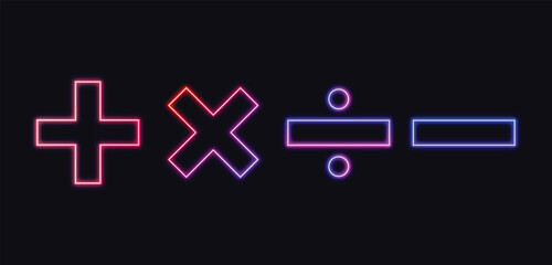 Obraz premium Neon glowing mathematical symbols for addition multiplication division and subtraction on a dark background