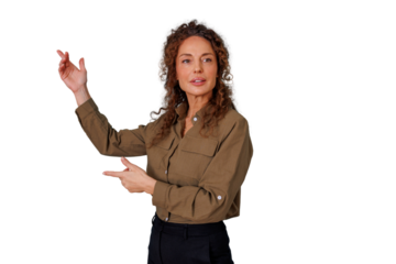 Woman with curly hair presenting, pointing to side, showing space for text or product, transparent background
