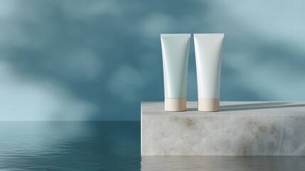 Clean, modern still-life of beauty packaging, evoking serenity, water, and eco-friendly design.