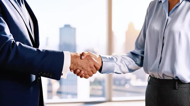Business professionals shaking hands, sealing a deal, with city backdrop visible