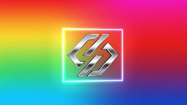A sleek, modern logo set against a vibrant, colorful gradient background.