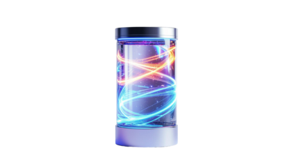A cylindrical glass tube with a metal lid and base, containing a transparent liquid illuminated by swirling blue and orange neon light lines, creating a futuristic effectr