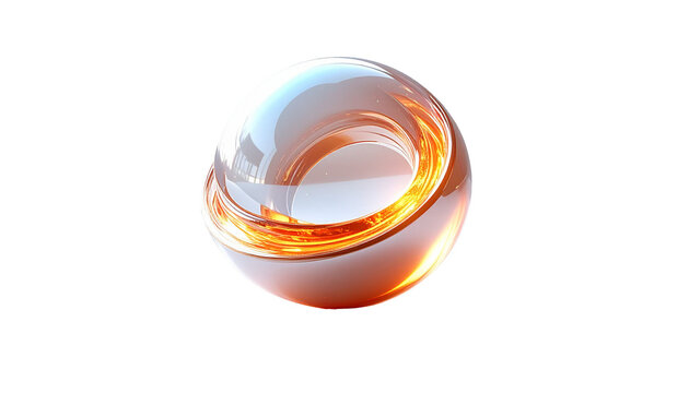 A smooth and shiny torus-shaped abstract sculpture or rendering, partly transparent like glass and partly opaque creamy white. Warm orange light shines from the curve of the party - Powered by Adobe
