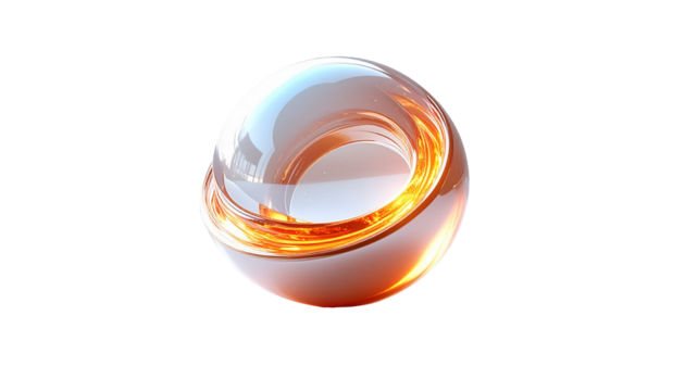 A smooth and shiny torus-shaped abstract sculpture or rendering, partly transparent like glass and partly opaque creamy white. Warm orange light shines from the curve of the party