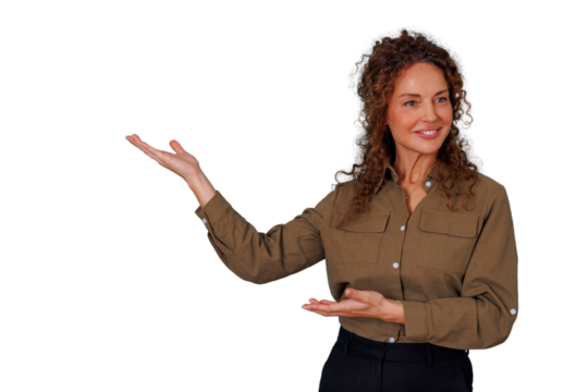 Woman presenting and explaining with open hands gesturing to side, smiling, on transparent background