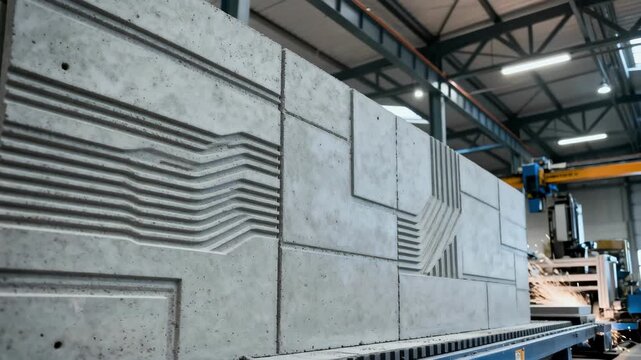 Medium shot of an industrial 3D printed concrete wall showcasing layered textures and precise construction in a factorylike setting.