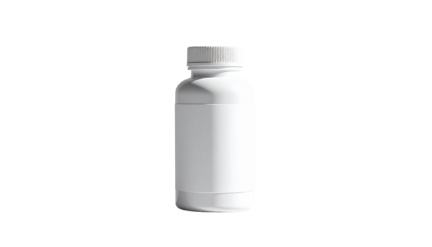 Plain opaque white plastic bottles with white screw caps, ideal for packaging pharmaceutical products, supplements or other liquids. There is a blank white label area that can be customized for sellee