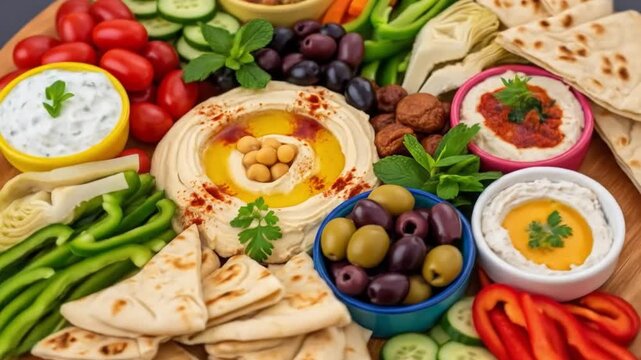 A snack board featuring hummus vegetables olives pita bread  assorted dips on a wooden surface