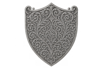 Ornate silver shield with rich scrollwork and filigree, detailed decorative medieval heraldry crest, transparent background