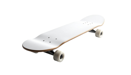 This minimalist skateboard with a plain white deck is displayed in clean studio lighting, highlighting its layered wood texture details and modern wheel and truck components. Simple display e