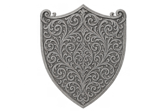 Ornate silver shield with rich scrollwork and filigree, detailed decorative medieval heraldry crest, transparent background