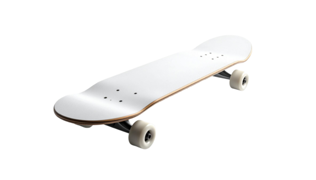 This minimalist skateboard with a plain white deck is displayed in clean studio lighting, highlighting its layered wood texture details and modern wheel and truck components. Simple display e