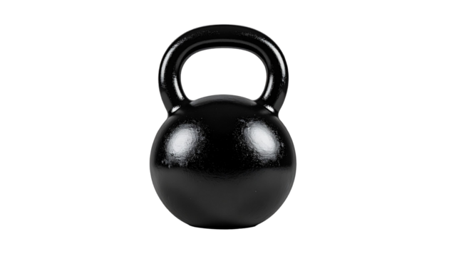A black kettlebell with a shiny surface is shown in close-up on a pure white background. Solid shapes and studio lighting accentuate the texture and quality of the materials, memberse