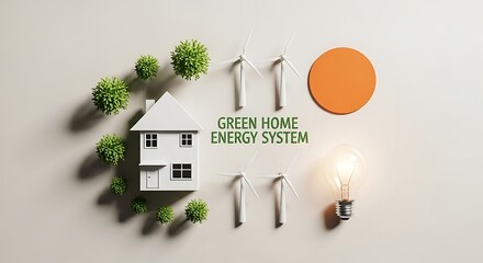 Empowering sustainable living with a modern green home energy system featuring windmills, sun, and a bright idea lightbulb.