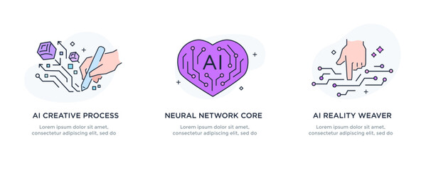 Set of illustrations concept with businessmen. technology, partnership, artificial intelligence business robot, cybes. linear illustration Icons infographics. Landing page site print poster. Line