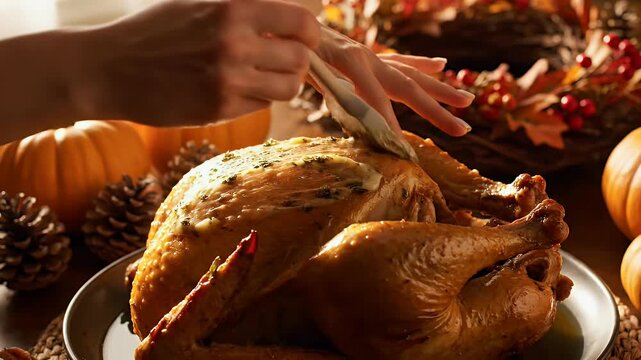 Close-up of a hand basting a perfectly roasted golden-brown Thanksgiving turkey with herb butter, surrounded by pumpkins and autumn decorations.