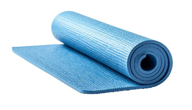 A blue yoga mat with a visible anti-slip texture is partially rolled up on a clean white background. Studio lighting accentuates surface details and material quality, makinger