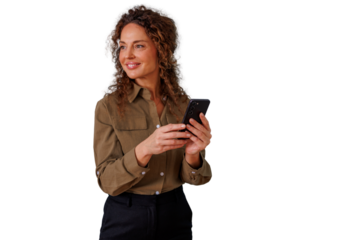 Woman holding smartphone, looking away and smiling. Engaging with mobile technology, communication, and connectivity on transparent background