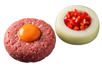 Egg yolk and raw meat burger on transparent background. Raw beef patty with onion slices