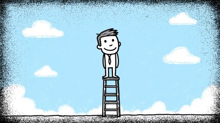 Cartoon businessman standing on a ladder representing success, achieving a goal, and reaching higher