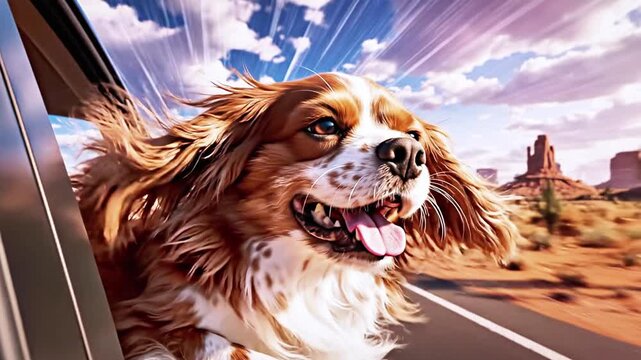 A happy dog enjoys a car ride, tongue out, wind in its fur, against a desert backdrop