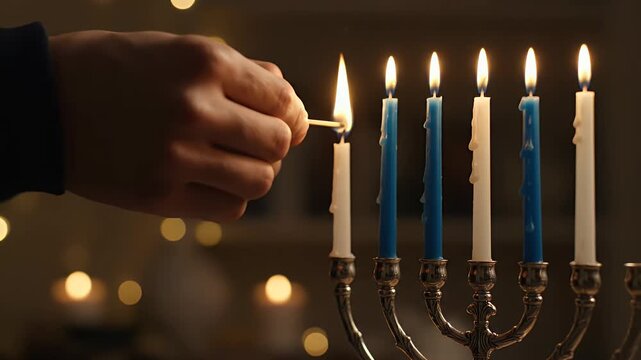 Close-up of a hand using a lit match to light the shamash candle on a silver menorah during Hanukkah, with other candles lit and bokeh background.