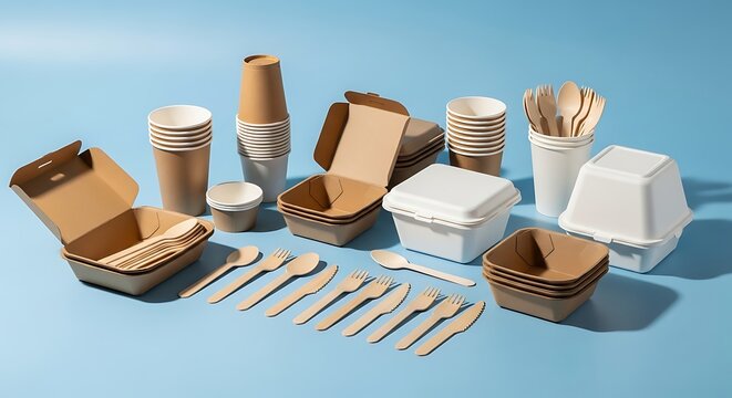 Sustainable eco friendly disposable tableware collection for takeout food service and events, compostable packaging for modern dining needs.