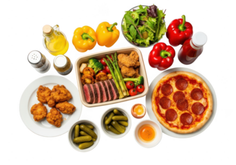 Overhead shot of a variety of takeout food. Variety of takeout food items including pizza, steak, chicken and salad. isolated on transparent background