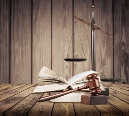 Law theme, gavel of the judge on wooden desk