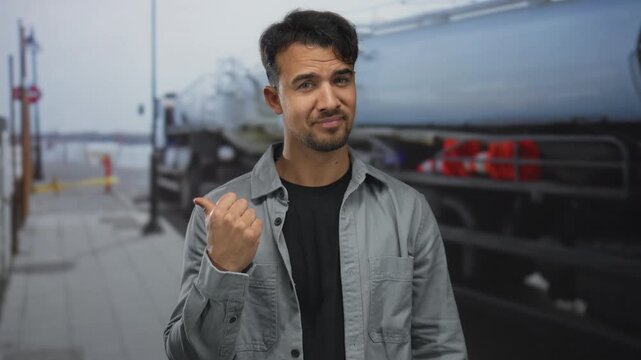 Young hispanic man standing outdoors with a doubtful expression points with his thumb to the side against a blurry urban background on a cloudy day wearing a casual shirt.