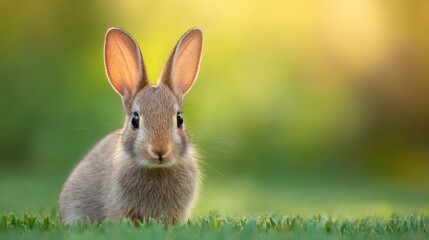 Fototapeta premium Cute Young Rabbit Sitting on Green Grass with Soft Blurred Background Highlighting Natural Habitat and Serenity of Wildlife in a Peaceful Environment